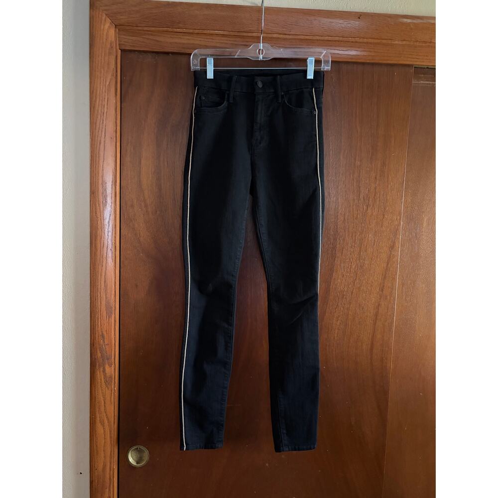 MOTHER Black Skinny Jeans Gold Side Stripe Trim Size 25 Ankle Denim